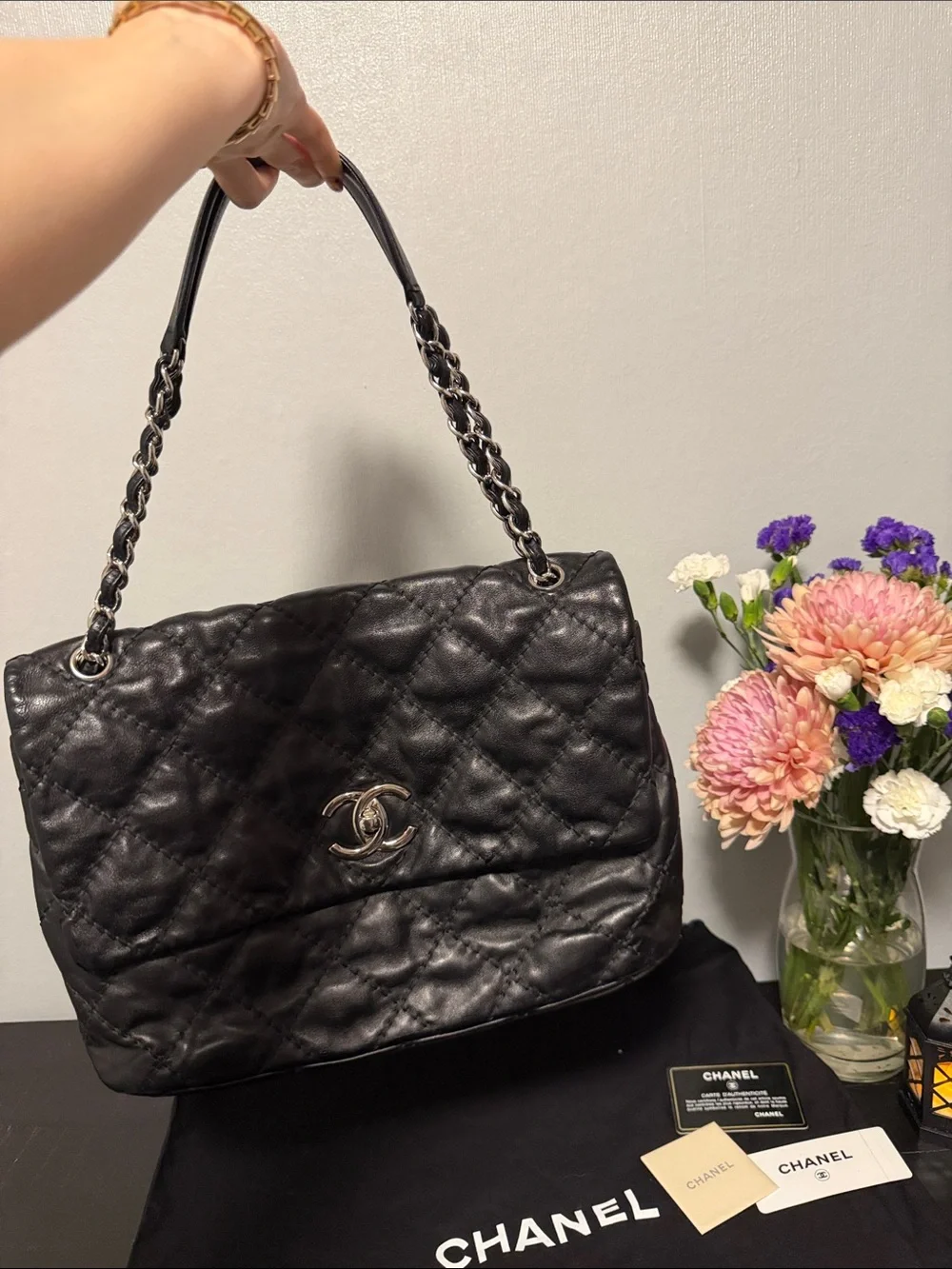 CHANEL Black Quilted Leather Large Bag with Silver-Tone CC